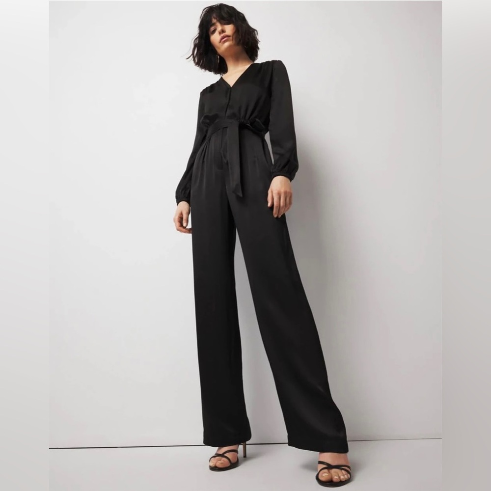 White House Black Market Black Satin V Neck Jumpsuit size 6